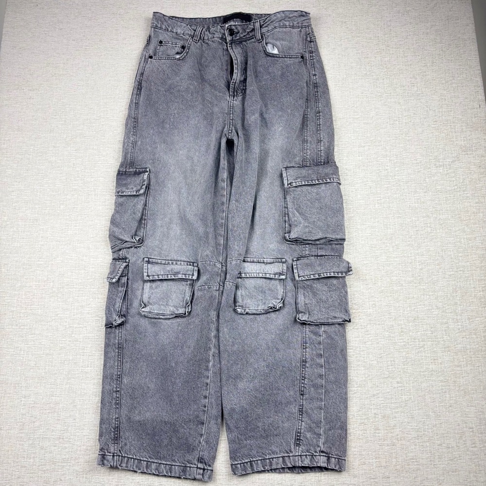 Love For Humanity Men Gray Cargo Jeans Y2K Baggy Wide Leg Multi Pocket W32x29
